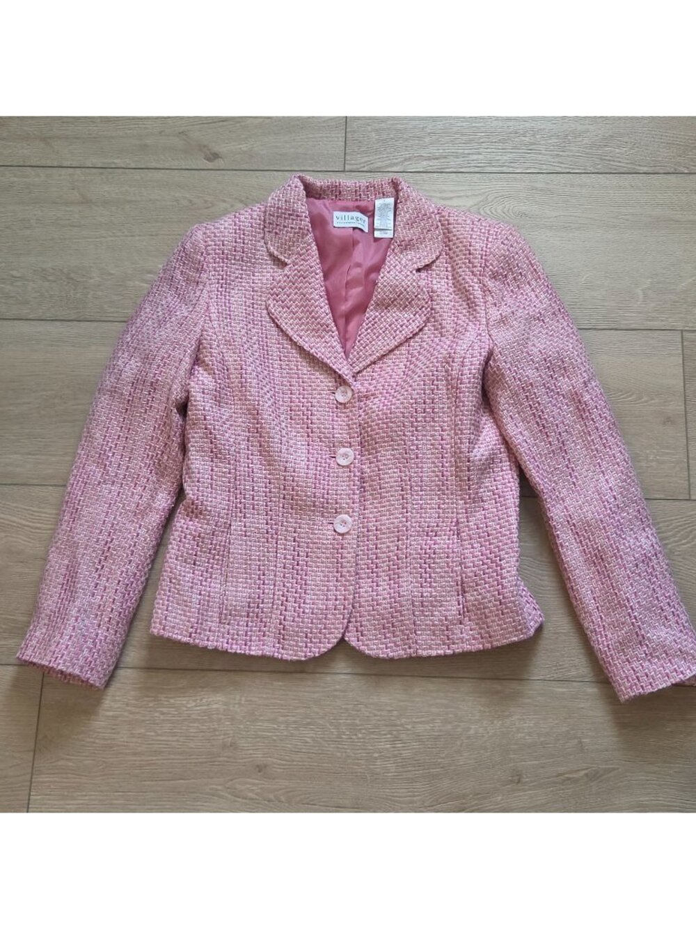Villager Liz Claiborne Vintage Pink Tweed 3 Button Blazer Jacket Womens 6